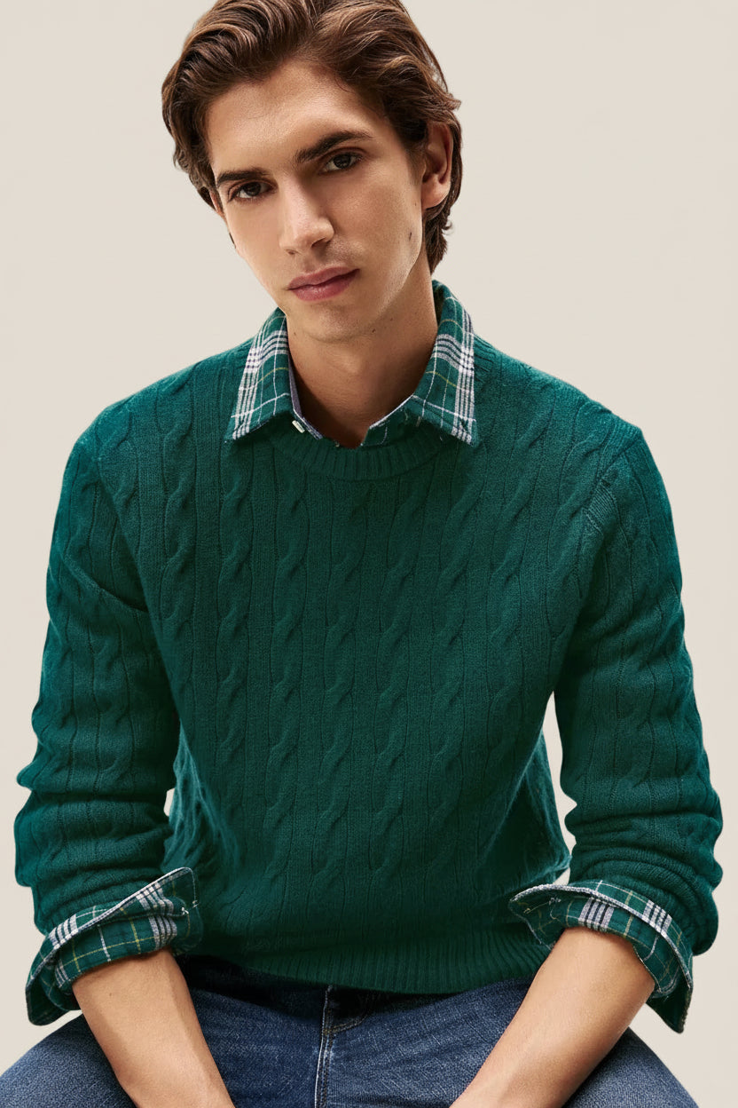 Maglione Girocollo In Lana Intrecciata Con Logo Bandierina Ricamato