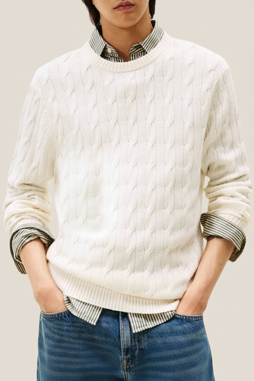 Maglione Girocollo In Lana Intrecciata Con Logo Bandierina Ricamato